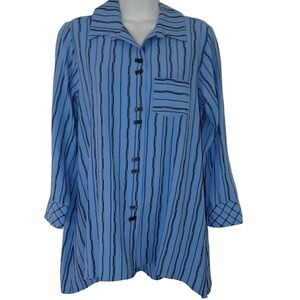 Habitat Blue Stripe Button Up Long Sleeve Tunic Top Women XS Boho‎ Casual